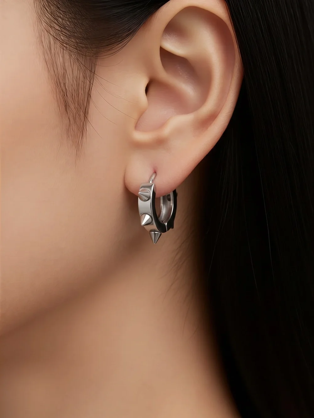 Men's Silver Spike Hoop Earrings - Stainless Steel Huggies